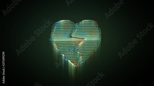 3d rendering glowing hologram of symbol of broken heart distorted glitch green old tv screen on black background photo