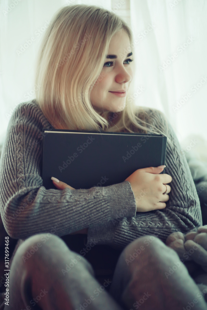 knitted plaid window girl reading a book, young woman reading at home, romance, learning, student, autumn interior knitted plaid window girl reading a book, young woman reading at home, romance, learning, student, autumn interior