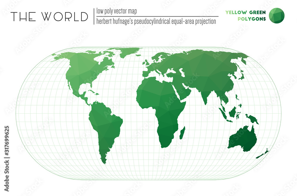 Abstract world map using Herbert Hufnagel's pseudocylindrical equal-area projection. Yellow-green colored polygons. Amazing vector illustration. Abstract world map using Herbert Hufnagel's pseudocylindrical equal-area projection. Yellow-green colored polygons. Amazing vector illustration.