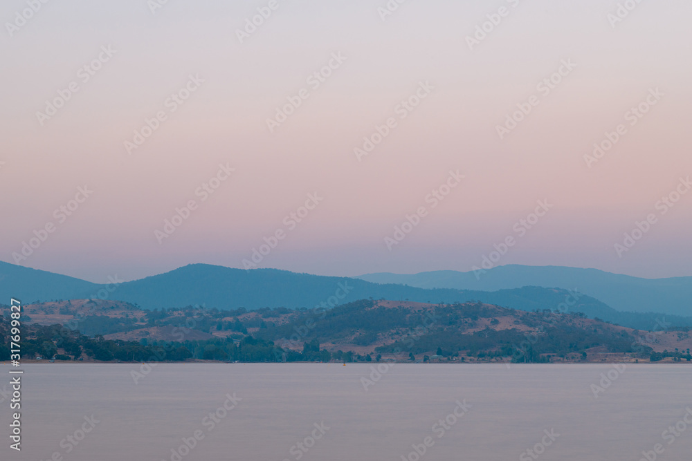Layer of mountains view in the morning at Lake Jindabyne, NSW, Australia.