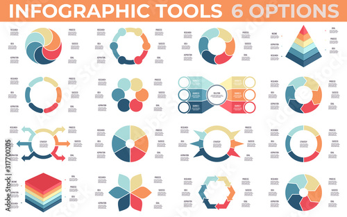 Vector infographic elements. Circular diagrams. Data visualization templates with 6 steps, options, processes. Vector charts.