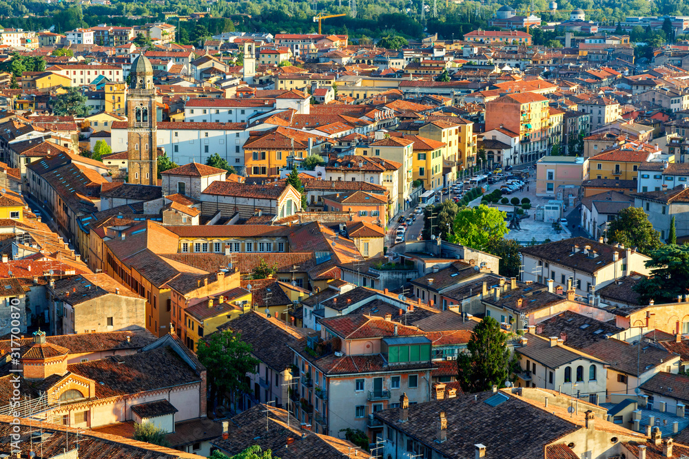 Aerial city view of Verona, Italy during sunset in summer. Tourism background concept.