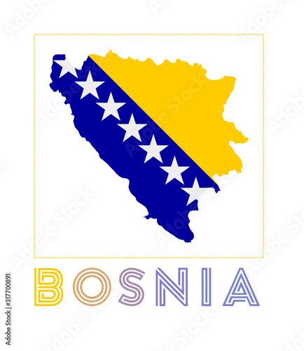 Bosnia Logo. Map of Bosnia with country name and flag. Stylish vector illustration.
