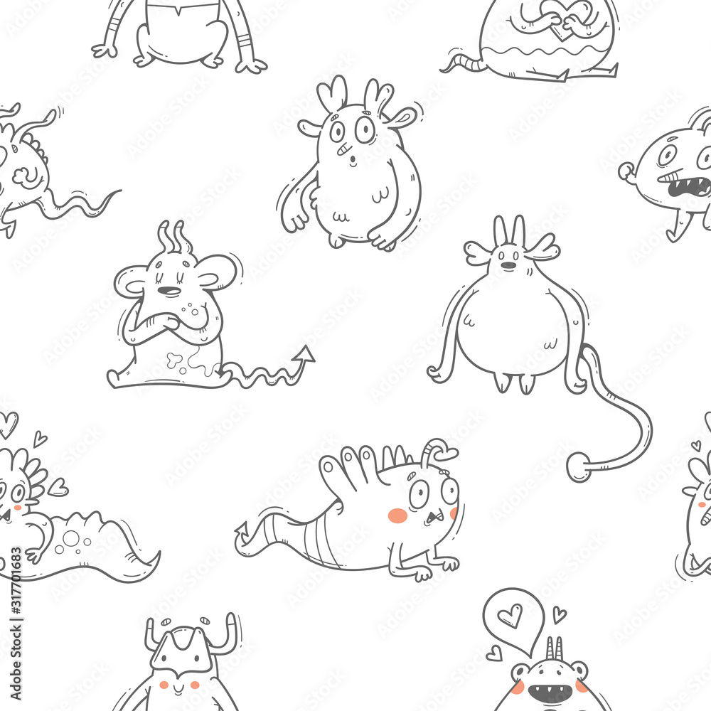 Vector seamless pattern with monsters on white background. Cute cartoon fantastic animals. Doodle style. Contour imagel.