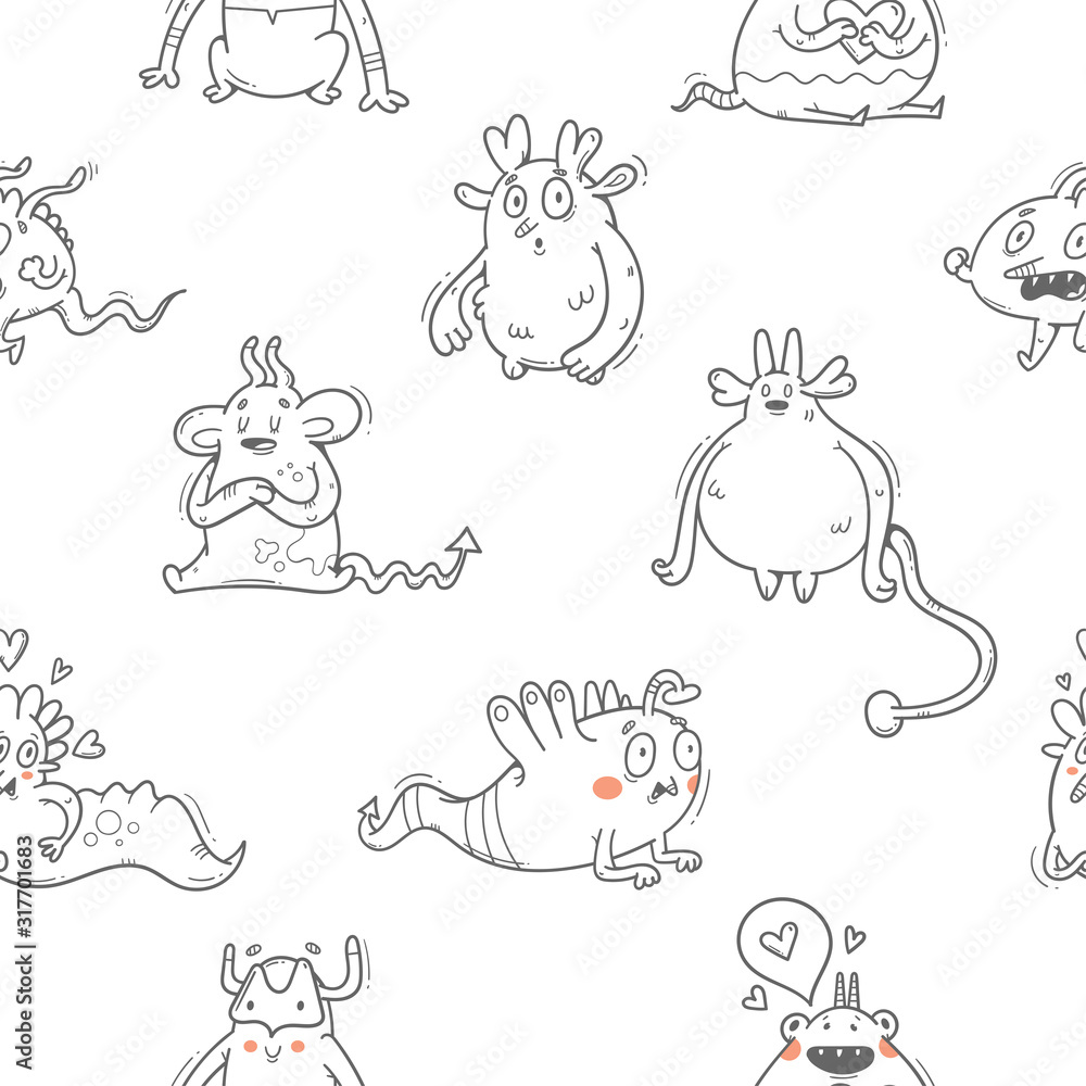 Vector seamless pattern with monsters on white background. Cute cartoon fantastic animals. Doodle style. Contour imagel. Vector seamless pattern with monsters on white background. Cute cartoon fantastic animals. Doodle style. Contour imagel.