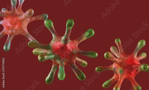 Abstract image of coronaviruses on red background . 3d illustration