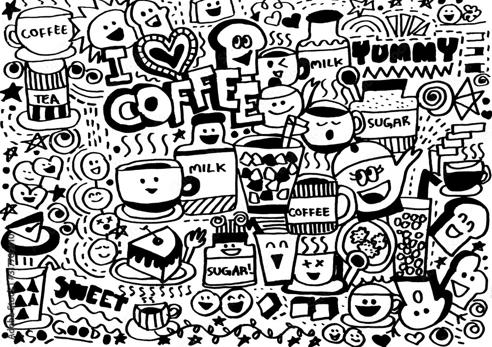 Coffee Shop Doodle Handdrawn Cartoon , Wallpaper Background , Patten Design
