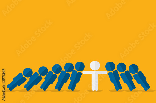 Domino effect. Stick figure stopping the domino effect 