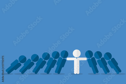 Domino effect. Stick figure stopping the domino effect 