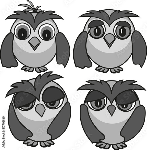 Set of sleepy owls with different emotions, vector drawing