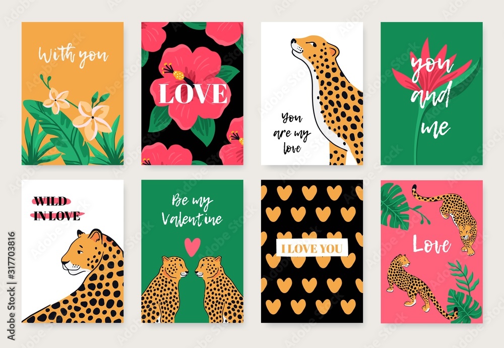 Collection of Valentine's day cards with leopards and tropical flowers. Typography poster, card, label, banner design set. Vector illustration.