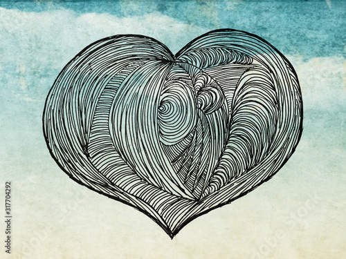  Illustration with pencil and watercolor paints. Abstract heart. Design of banners, wallpaper, clothes, backgrounds.