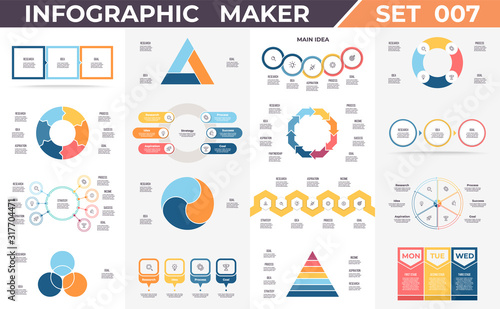 Business infographic elements. Diagrams, charts with 3, 4, 5, 6, 7 parts, options. Vector templates.