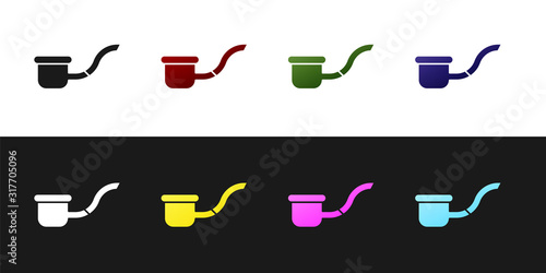 Set Smoking pipe with smoke icon isolated on black and white background. Tobacco pipe. Vector Illustration