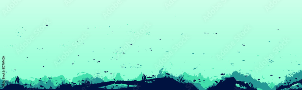 Silhouette of fish and algae on the background of reefs. Underwater ocean scene. Deep blue water, coral reef and underwater plants. a beautiful underwater scene; a vector seascape with reef. Silhouette of fish and algae on the background of reefs. Underwater ocean scene. Deep blue water, coral reef and underwater plants. a beautiful underwater scene; a vector seascape with reef.