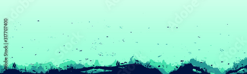 Silhouette of fish and algae on the background of reefs. Underwater ocean scene. Deep blue water, coral reef and underwater plants. a beautiful underwater scene; a vector seascape with reef.
