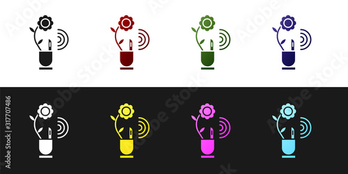 Set Smart farming technology - farm automation system in app icon isolated on black and white background. Vector Illustration