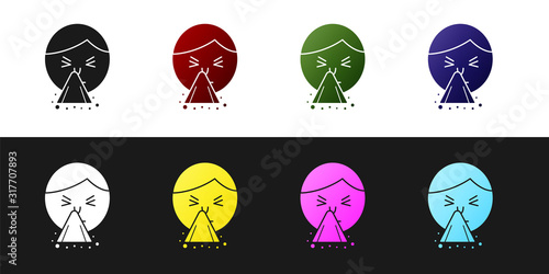 Set Man holding handkerchief or napkin to his runny nose icon isolated on black and white background. Coryza desease symptoms. Vector Illustration