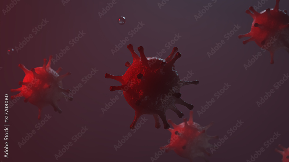 Red virus and germs, bacteria, cell infected organism. Influenza Virus H1N1, Swine Flu on abstract background 3D Render