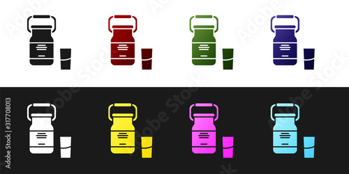 Set Can container for milk and glass icon isolated on black and white background. Vector Illustration