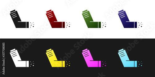 Set Inhaler icon isolated on black and white background. Breather for cough relief, inhalation, allergic patient. Medical allergy asthma inhaler spray. Vector Illustration