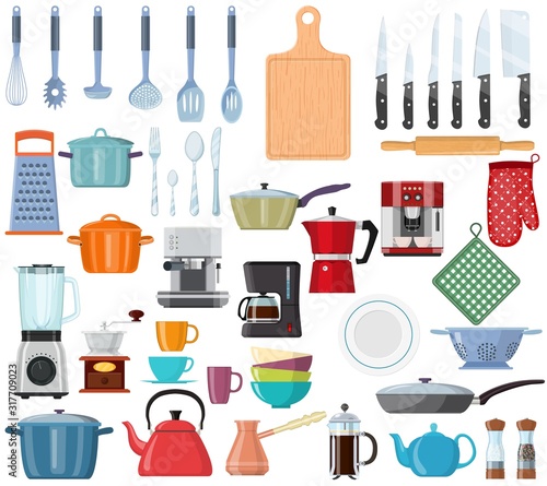 kitchen tools set icon. Kitchenware collection. Lots of kitchen tools, utensils, cutlery. Web page design template Poster banner website, UI, UX, mobile phone apps. Vector illustration in flat style.