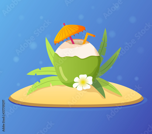 Fresh summer cocktail of coconuts.Tropical island with palm leaves.On the sandy beach rest.Exotic drink coconut water with an umbrella and a straw.Flat vector illustration.Green coconut.