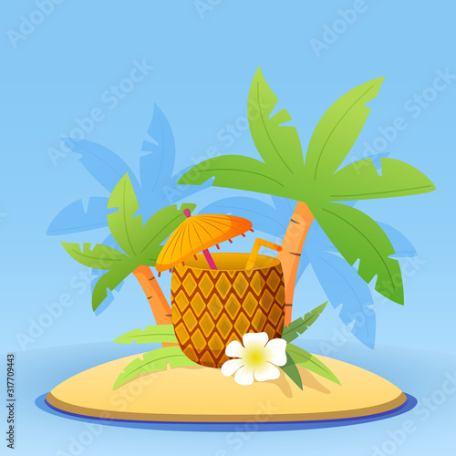 Beach cocktail Pina colada in pineapple with straw, umbrella,flower.Summer tropical concept of a banner.Cartoon illustration vector icon for web design.