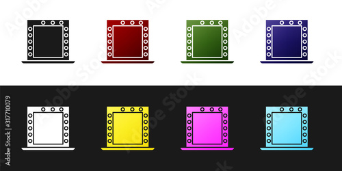 Set Makeup mirror with lights icon isolated on black and white background. Vector Illustration