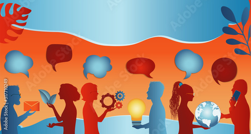 Communicate connection and share virtual. Speech bubble. Group of trendy profile silhouettes people talking sharing ideas information or data. Social media concept. Socialize and speak. Clouds