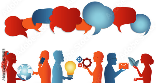Group of trendy profile silhouettes people talking sharing ideas information or data. Social media concept. Clouds. Communicate connection and share virtual. Socialize and speak. Speech bubble