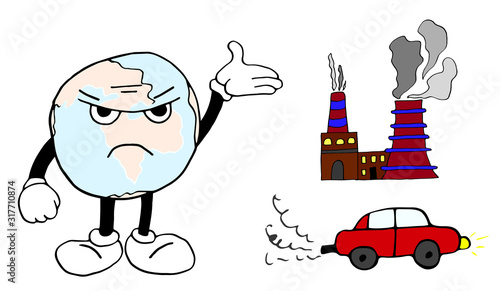 Cartoon land angry at environmental issues. Against factory smoke and car exhaust.