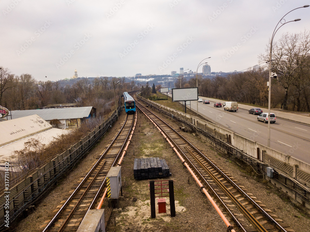 Aerial drone view. Railway tracks of the Kiev metro.