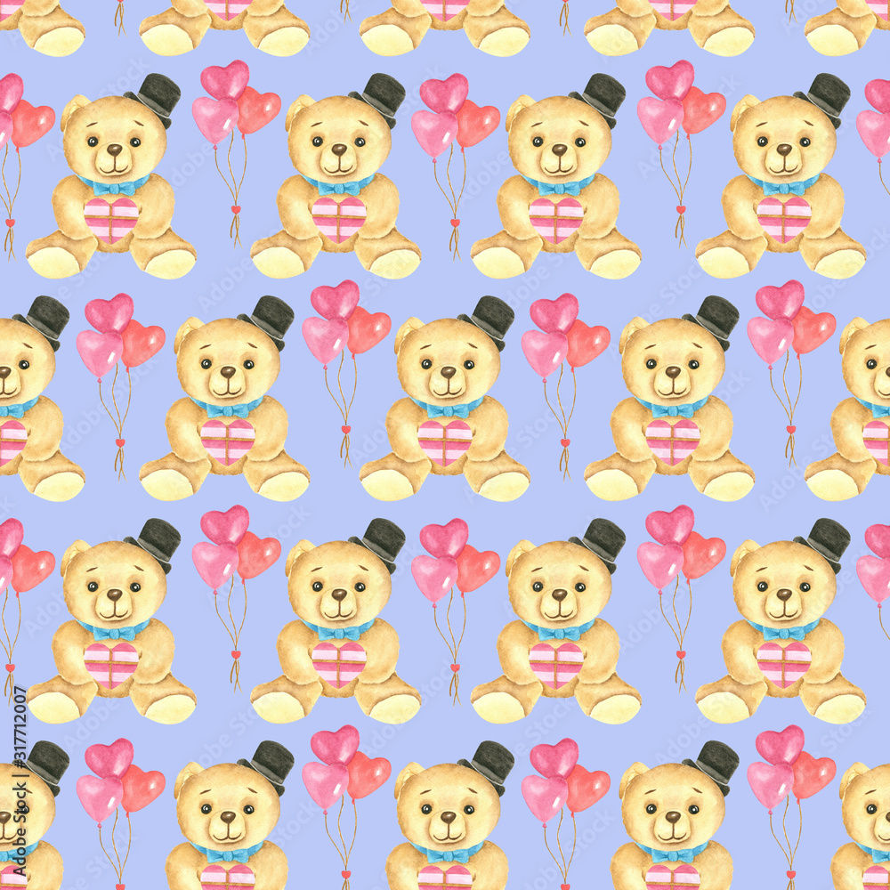 Seamless pattern. Valentine's day watercolor background. Hand drawn Teddy bears with heart shaped presents and balloons, cartoon character, isolated objects on blue background.. Seamless pattern. Valentine's day watercolor background. Hand drawn Teddy bears with heart shaped presents and balloons, cartoon character, isolated objects on blue background..