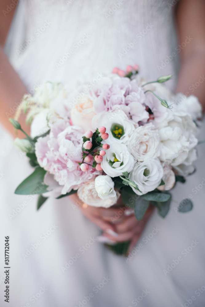beautiful wedding bouquet with red, pink and white flowers, roses and eucalyptus, peonies, calla lilies beautiful wedding bouquet with red, pink and white flowers, roses and eucalyptus, peonies, calla lilies
