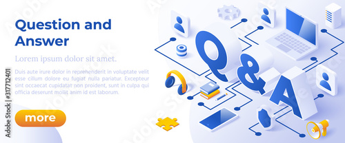 QUESTION AND ANSWER - QNA, - Isometric Design in Trendy Colors. Isometrical Iconswith letters Symbols Q and A on Blue Background. Banner Layout Template for Website and Mobile Website Development.