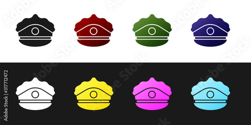 Set Police cap with cockade icon isolated on black and white background. Police hat sign. Vector Illustration