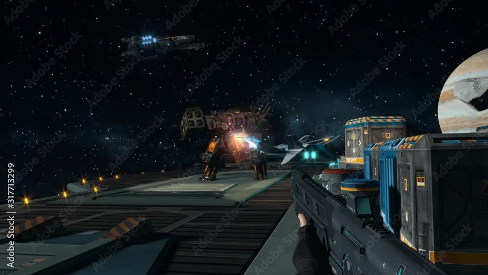 Sci-Fi First Person Shooter 3D Video Game Simulation Without Interface