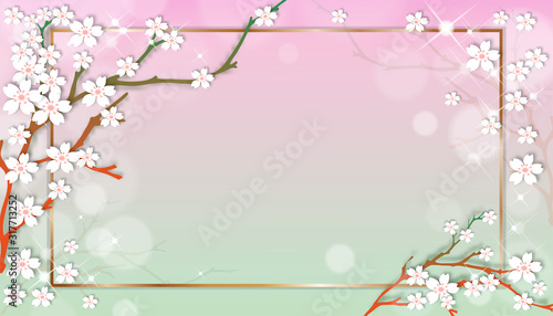 Vector background with spring apple blooming, Spring sale flyer template with Cherry blossoming branchesh with yellow gold frame on green and pink pastel background.