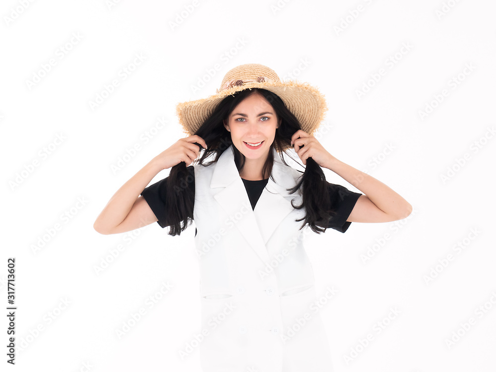 Caucasian business pretty woman grab her pigtail hair with brown straw hat enjoy and relax on vacation leave travel trip from working in the office life on white isolated background Caucasian business pretty woman grab her pigtail hair with brown straw hat enjoy and relax on vacation leave travel trip from working in the office life on white isolated background