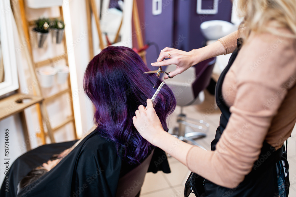 Beautiful hairstyle of young adult woman with purple hair in hair salon. Beautiful hairstyle of young adult woman with purple hair in hair salon.