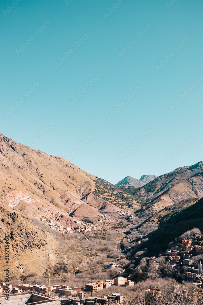 The Atlas Mountains of Morocco, Berber villages and riven with canyons and ravines within Toubkal National Park..