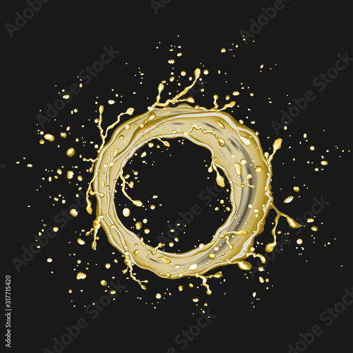 Beer or apple juice splash isolated on black background.