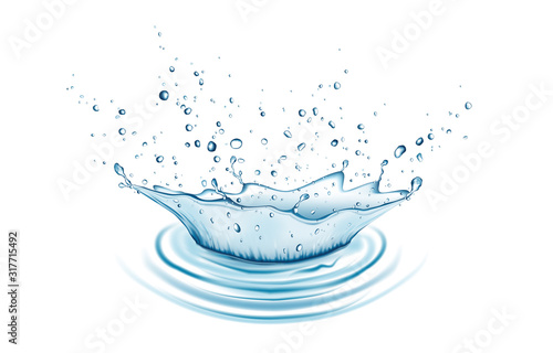 Blue water splash and drops isolated on white background.
