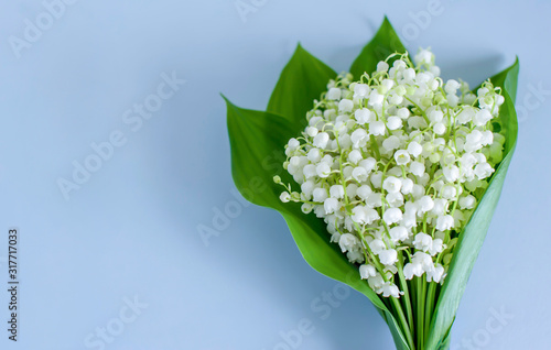 Bouquet of lilies of the valley on a blue background close-up, copy space, top view