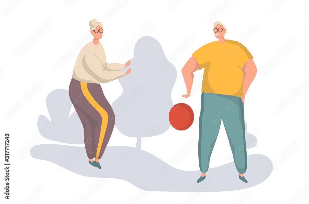 Fototapeta premium Active Elderly Man And Woman Playing Ball Vector. Isolated flat vector Illustration