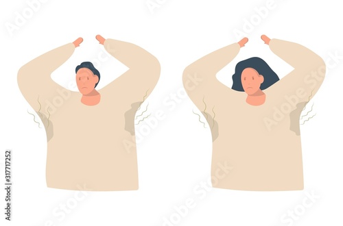 The man and woman raise their hands up and show sweaty armpits. They do not like it and they have upset faces. Sweat, hyperhidrosis, hygiene concept. Flat vector illustration isolated on white