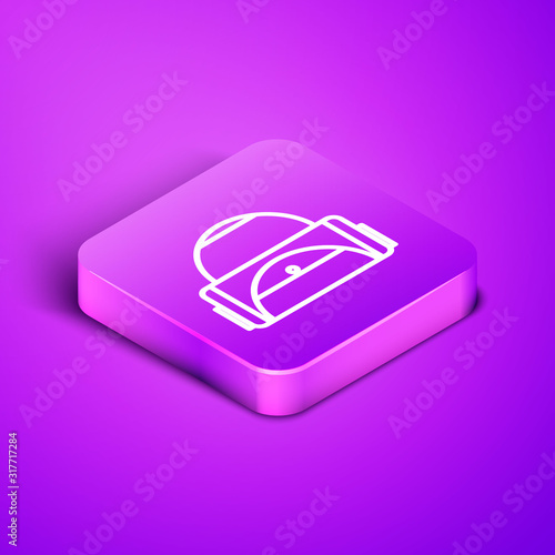 Isometric line Sport bag icon isolated on purple background. Purple square button. Vector Illustration