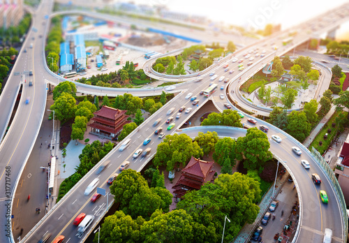 Photography overlooking the vehicle motion blur on shanghai elevated road junction and inter