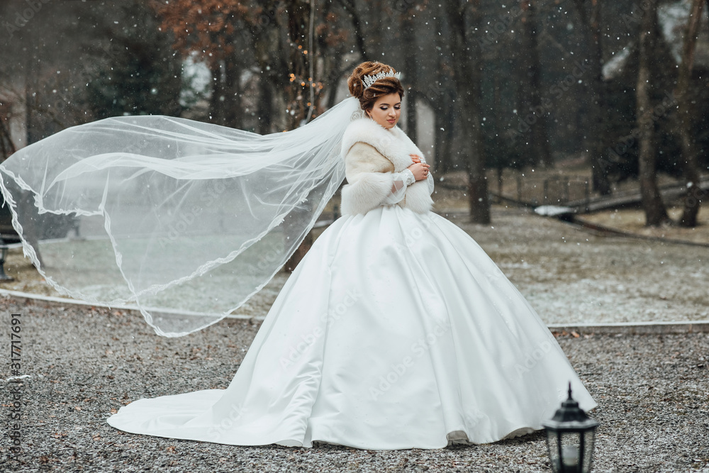 Fototapeta premium The woman in a wedding dress. Happy bride on the day of his marriage poses for photographers, nature, winter, wedding day, love, walk in a beautiful winter park. Beautifully the wind waves the veil.